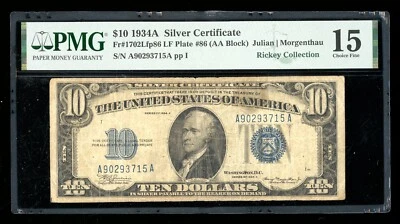 DBR 1934-A $10 Silver late-finish FP 86  Fr. 1702Lfp86 PMG 15 Serial A90293715A - Image 1 of 2
