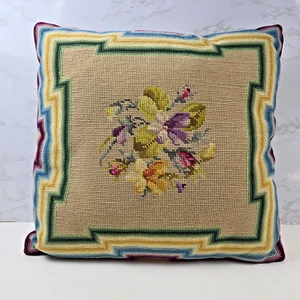 VTG Needlepoint Embroidered Pillow Flower Border Floral Handmade READ - Picture 1 of 16