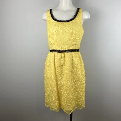 Vestido de cóctel vintage años 90 Y2K Anna Sui sin mangas amarillo y negro de encaje talla 4 Foto 1 de 4