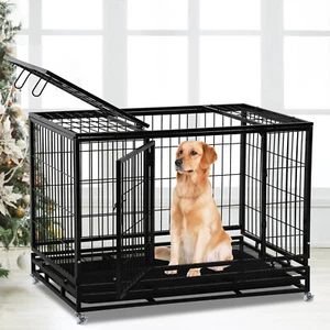 48" Heavy Metal Dog Cage Large Dog Crate w/ Plastic Tray Double Doors & Wheels - Picture 1 of 7