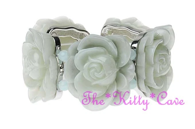 Wide Vintage Shabby Chic Faux Jade Carved Rose Floral Elastic Flex Cuff Bracelet - Image 1 of 1