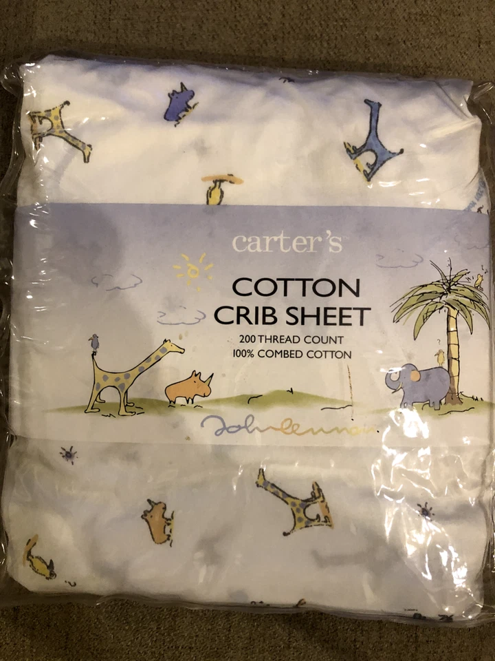 Carter's VTG Yoko Ono Lennon Crib Sheet Vintage 1999 WHITE ANIMALS THREES