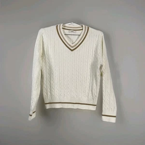CLOVIS Sweater Womens Medium Ivory V Neck Cable Knit Tan Trim Pullover CVKRE2301 - Picture 1 of 11