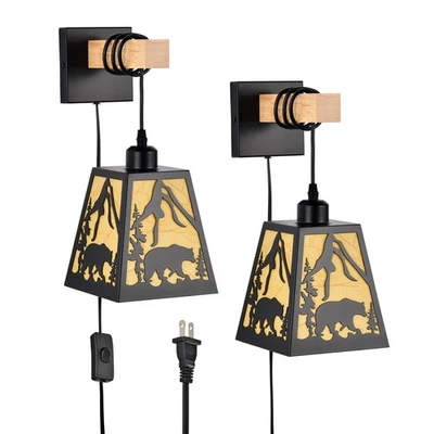 Plug in Wall Light,Bear Metal Rustic Wall Sconces,Parchment Farmhouse Wall Sc... - Image 1 of 4