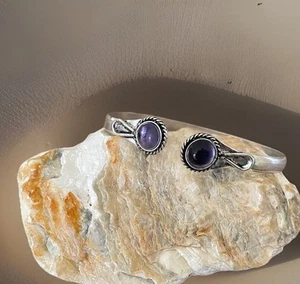 Amethyst Gemstone Adjustable bracelet/cuff -Sterling Silver plated 925-New - Foto 1 di 3