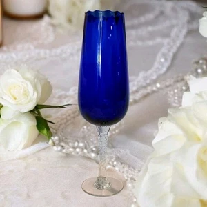 Vtg Empoli Optic Swirl Cobalt Blue Vase Fluted Rim Twisted Stem Handblown 12"T - Picture 1 of 9