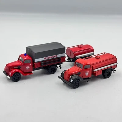 Set of 2 Vintage Feuerwehr Trucks with Trailer 1/87 H0 Scale Fire Brigade Models - Image 1 of 4