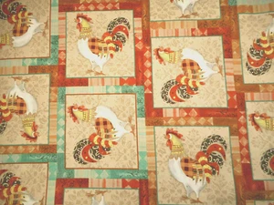 Tessuto Cotone 1 3/8 Iarda Fantasia Gallo Patch Teal Arancione/Ruggine Marrone Beige #PZ - Foto 1 di 2