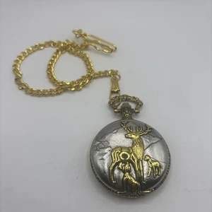 Reloj Bolsillo Hombre Geneva Cuarzo Redondo Dos Tonos Ciervo Completo con Cadena Metálica - Imagen 1 de 3