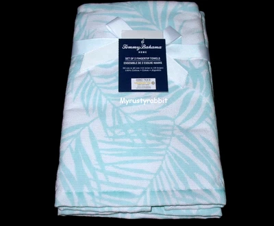 Tommy Bahama Palm Day Fingertip Towels Set - 2 Pc White & Blue Flatweave - New - Image 1 of 4