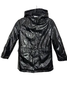 Zara Girls Jacket Raincoat 10 Black Hooded Snaps Pockets Padded Lining Warm - Picture 1 of 17