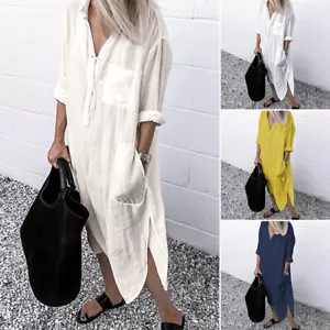 Otoño Mujeres Cuello Botones Vestido Damas Oficina Negocios Largo Maxi Camisa Vestido - Imagen 1 de 12