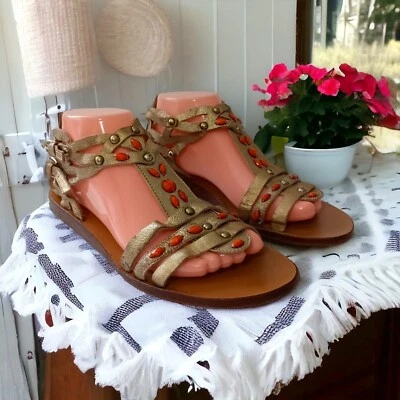 Sandalias Gladiador Y2K Geox Cuoio Talla 10 De Colección Años 90 Para Mujer Cuero Dorado Cuentas con Tiras Foto 1 de 4