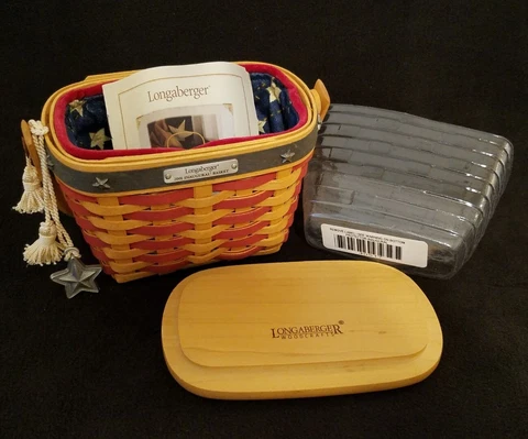 LONGABERGER 2001 Inaugural Basket Bundle w/Liner Protector Tie on Lid & COA Cover