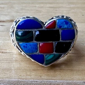 Vintage kühner Herz Ring Größe 7 Intarsien bunte Edelsteine Lapis Koralle 925 Sterling 7,4 g - Bild 1 von 11