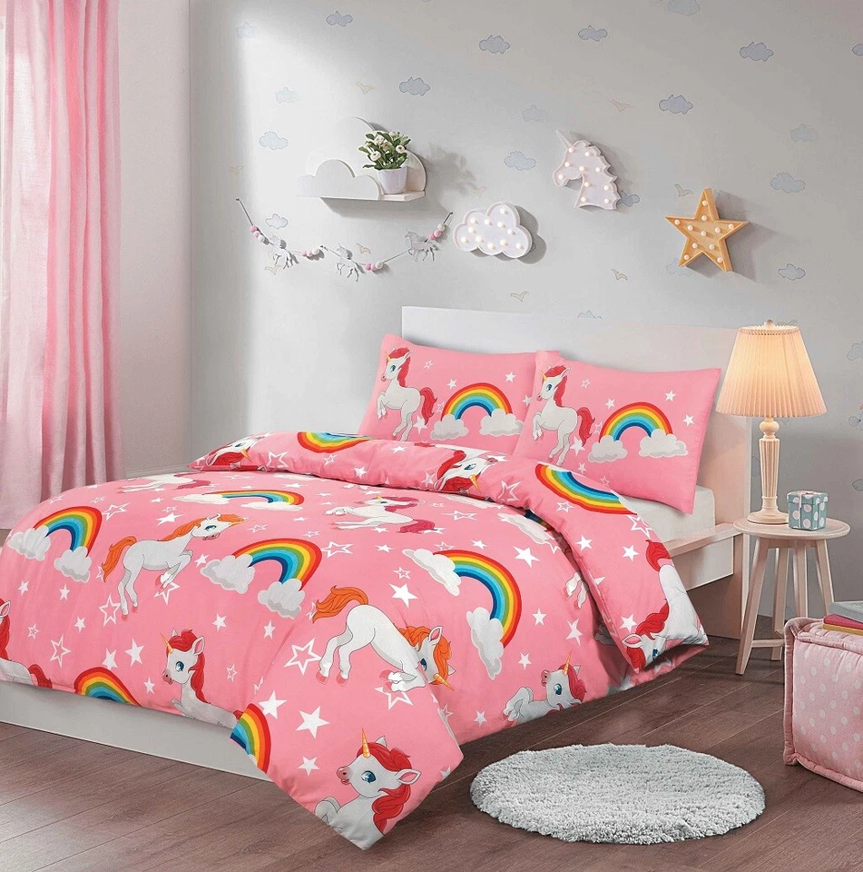 Kids Rainbow Unicorn Pink Duvet Cover Pillowcase Bedding Set Single Double Size