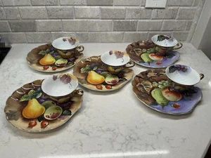 Vintage Set of 5 Lefton Hand Painted Porcelain Cups Snack Plates Fruit - Picture 1 of 17