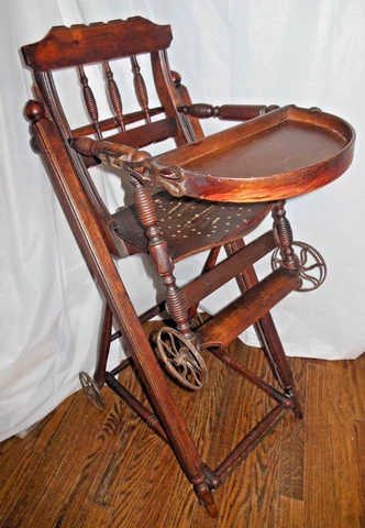 OOAK Antique Eastlake Vict High Chair Convertible to Stroller Gilded Age Wood Cover