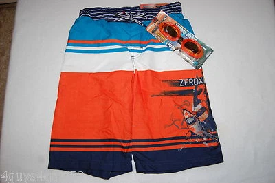 Boys SWIM TRUNKS & GOGGLES Elast Waist BLUE WHITE ORANGE STRIPE Rear Pocket 8 - Image 1 of 3