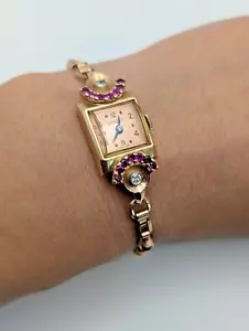 Vintage 14kt Rose Gold Geneve Ruby and Diamond Watch - Picture 1 of 12