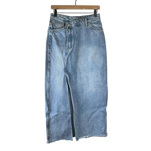 Zara Medium Wash Crossover Front Wrap Slit Long Denim Skirt Size XS * - Picture 1 of 6