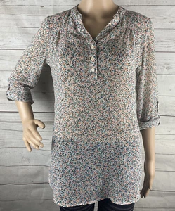 Mossimo Blouse Small Semi-Sheer Floral Print Pink Blue White Roll Tab Sleeves - Picture 1 of 12