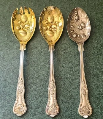 3 Sheffield England Repousse Bowl Silverplate Kings Pattern Serving Spoons - Image 1 of 4