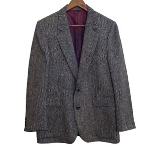 Vintage Harris Tweed Sport Coat Mens 42S Grey Wool Blazer Retro 70s Dad Academia