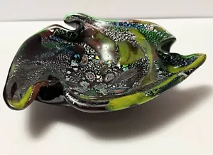 Murano Tutti Frutti Art Glass Italiano Argento Macchia Verde Nero Ciotola Piatto MCM - Foto 1 di 8