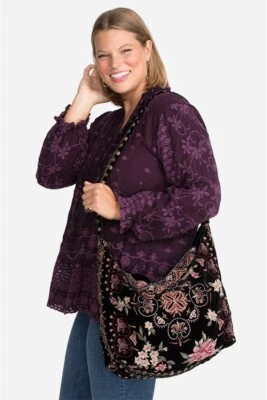 Johnny Was Joanna Velvet Embroidery Flowers Black Shoulder Tote Bag Handbag NEW - Image 1 of 4