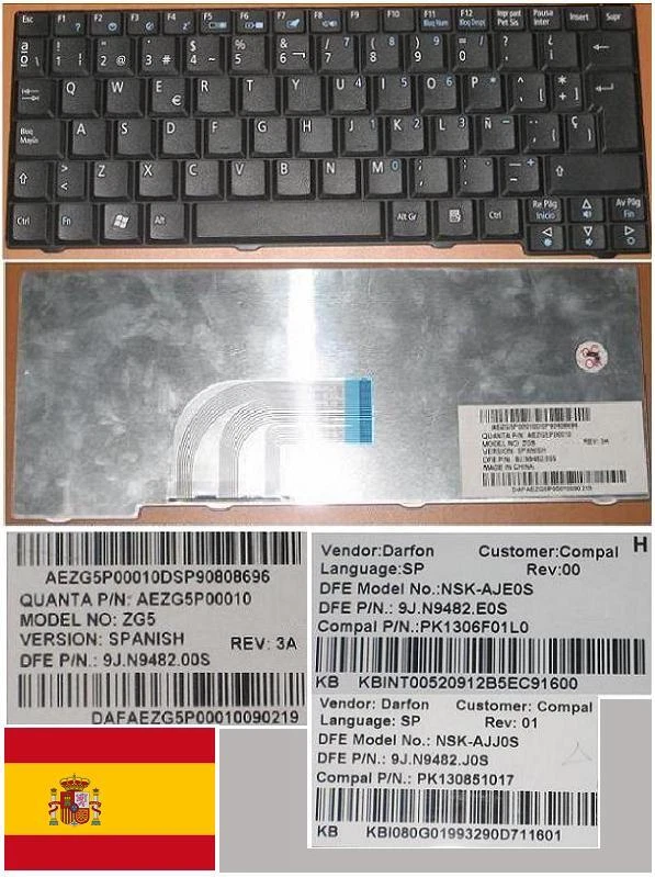 Keyboard qwerty Spanish Acer ZG5 NSK-AJJ0S 9J.N9482.J0S PK130851017 KB.I080G.019 - Image 1 of 1