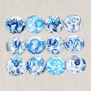 10 Beautiful Blue Pottery Flowers Cabochons Mixed Round Glass Flat Back Crafts  - Picture 1 of 3