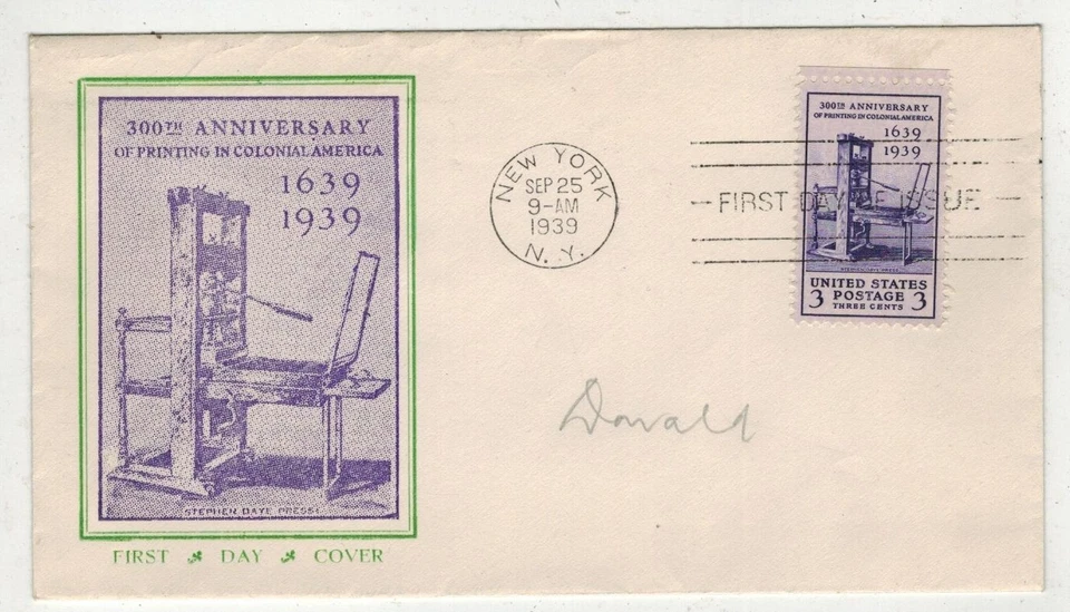 1939 PRINTING PRESS 300th ANNIV. 857-15A UNKNOWN PURPLE/GREEN COLOR VAR. - Image 1 of 1