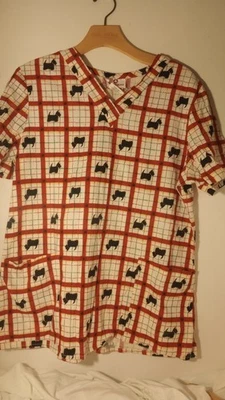 VTG White Cross Scrub Top Medium With Christmas Scoties - Image 1 of 4