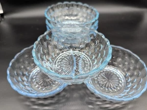 Vtg Set Of 7 pressed glass berry bowls blue bubble pattern depression glass 4.5" - Picture 1 of 5