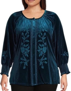 Dillards Calessa Women's Plus 2X Boho Blue Floral Embroidered Velvet Blouse NWT - Picture 1 of 10