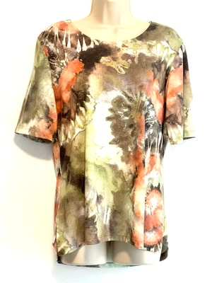 Katina Marie top, size Large, 3/4 sleeves, round neck, sage & orange floral - Image 1 of 4