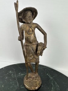 Benin Warrior 11.5” Lost Wax Casting Bronze Figure w/ Walking Stick Holding Goat - Picture 1 of 22