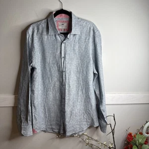 Report Collection Flip Cuff Shirt  L Blue Stripe 100% Linen Resort workwear - Picture 1 of 9