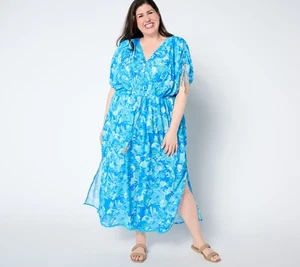 Susan Graver Passport Regular Woven Maxi with Beaded Trim Dress Ocean XL Neu - Bild 1 von 1