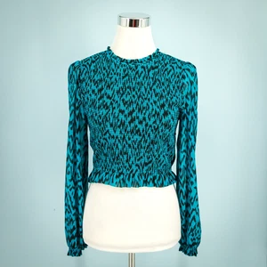 Wilfred Aritzia Size Medium M Lilith Teal Animal Print Smocked Ruffle Crop Top - Picture 1 of 7