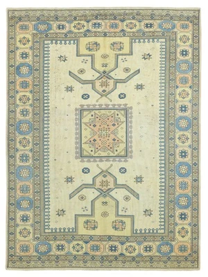 Alfombra turca Oushak de gran tamaño - geométrica de lana anudada a mano de colección 8x10,8 pies Foto 1 de 4