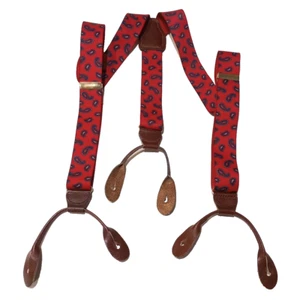 VINTAGE 80s CAS W. German RED PAISLEY Elastic/Leather/Brass Button Suspenders - Picture 1 of 7
