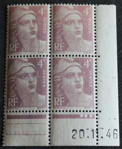 Bloc de 4 timbres - Coin daté - Marianne de GANDON - Neuf ** - YT718 - 1946 - Bild 1 von 2