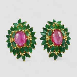 Red Ruby Cabochon & Green Emerald 925 Sterling Silver 24K Gold Plated Earrings - Picture 1 of 7