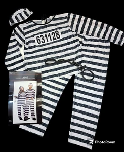 Kinderkostüm Größe 12 14 Gefängnisvogel Sträfling Verbrecher Gefangener mit Handschellen - Bild 1 von 9