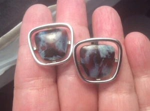 Vintage Hickok Men's Silvertone Cufflinks Red Blue White Marbled Stone USA - Picture 1 of 10