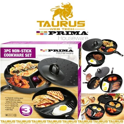 3 x PRIMA DIVIDED NON STICK WONDER KITCHEN COOKWARE SET COMBO FRYING PAN LID UK - Image 1 of 2