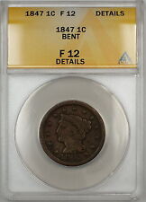 1847 Braided Hair Large Cent 1c Coin ANACS F-12 Details Bent
