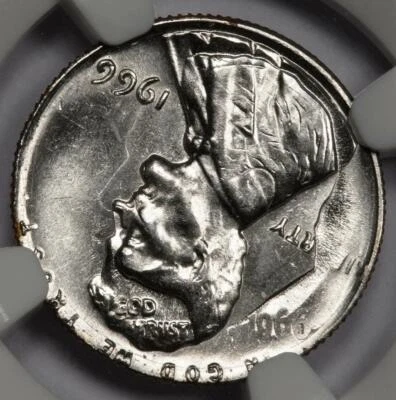 1966 NGC MS65 Cent Struck On Struck Dime Mint Error Double Denomination 2 Dates - Image 1 of 4